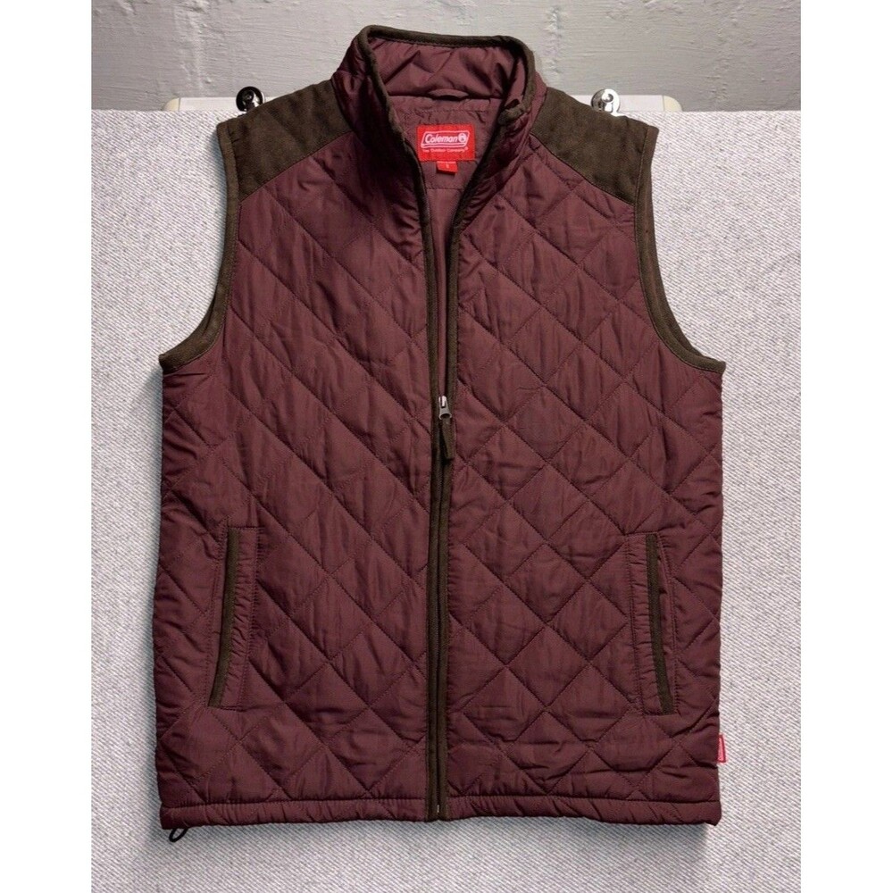 Coleman Puffer Vest Quilted Mens Small Maroon With Brown Suede